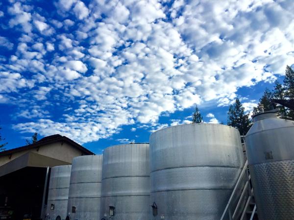 Clean tanks waiting for fresh juice under a typical Napa sky